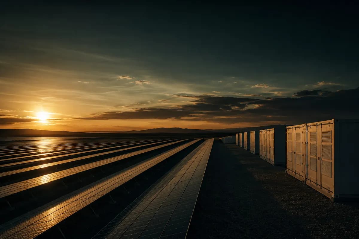Solarpark mit Speichercontainern im Abendlicht
