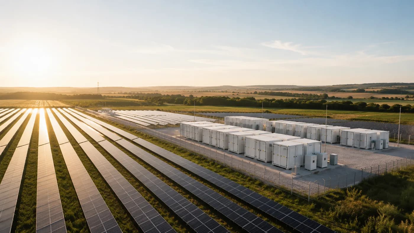 Luftaufnahme eines Solarparks mit Batteriespeichern