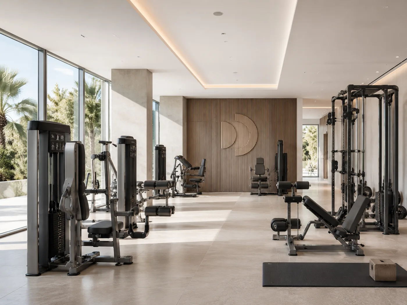 Trainingsfläche eines Fitnessstudios mit Geräten und Blick ins Grüne